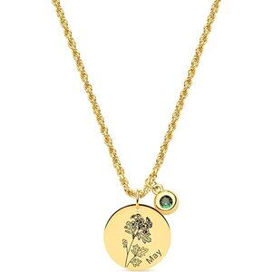 18k Gold Engraved Custom Floral Pendant Necklaces Dainty Birth Month Flower Disc